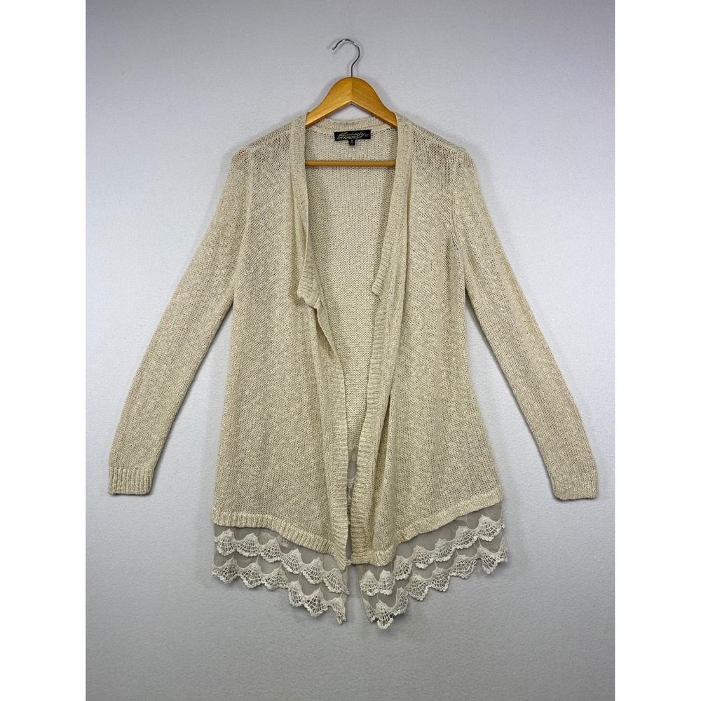 Boho Cottagecore Absolutely Famous Women M Cream Lace Trim Open Knit Cardigan